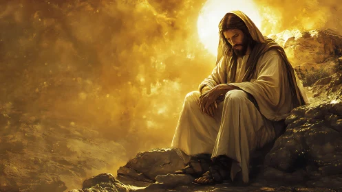 Digital painting of contemplative robed figure in golden light.