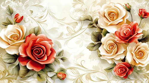 Ornamental roses in cream and coral bloom against elegant botanical wallpaper