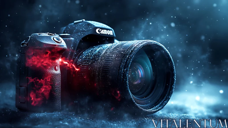 DSLR camera glows with red energy in frosty blue mist.