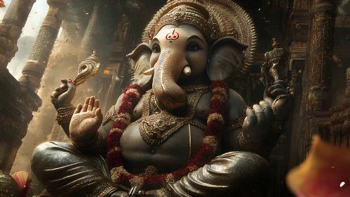 Majestic Ganesha idol glows inside ornate stone temple hall.