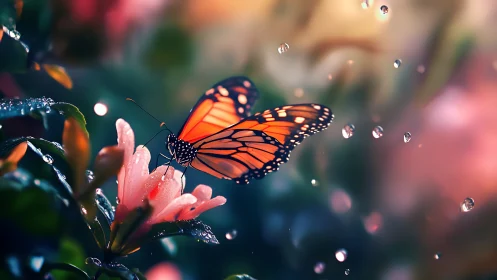 Monarch butterfly rests on dew-kissed blossom at dawn.