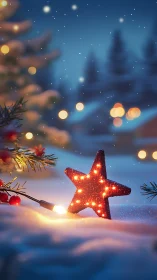 Glowing star ornament rests in snowy outdoor night scene