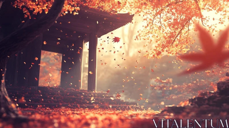 Autumn maple leaves fall around wooden temple gate at sunrise