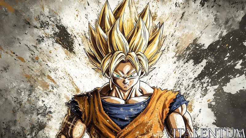 Electric-haired anime warrior amid splattered grunge field.