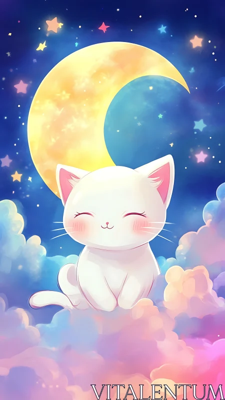 Cute white cartoon cat sitting on clouds under crescent moon.