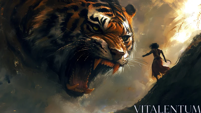 Giant roaring tiger confronting lone human on slope scene.