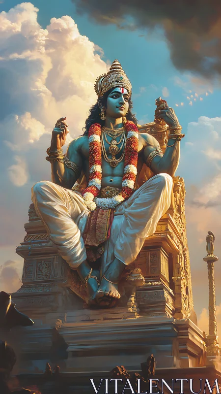Blue-skinned deity on ornate plinth under dramatic sunset sky