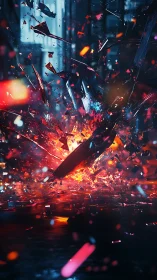 Shards of light bursting through a glowing city twilight.