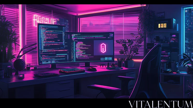 Neon-lit dual-monitor coding workstation anchors cyberpunk studio