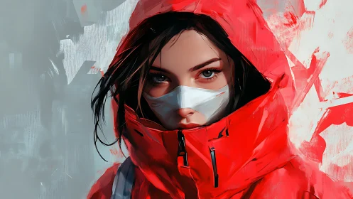 Portrait of masked woman in red hooded jacket, digital art.