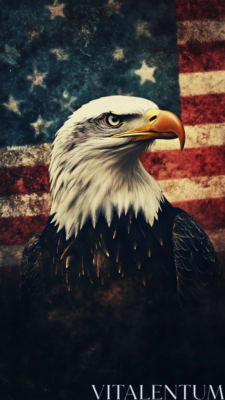 Proud bald eagle standing strong before a worn flag.