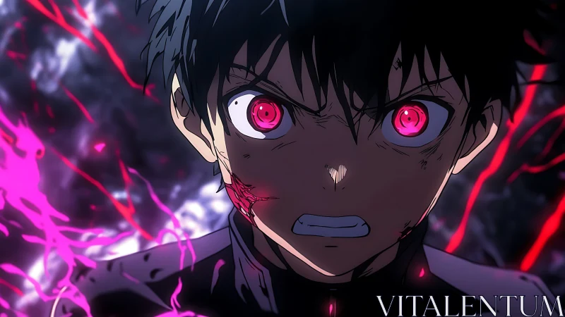 Intense anime combatant with luminescent magenta ocular surge.