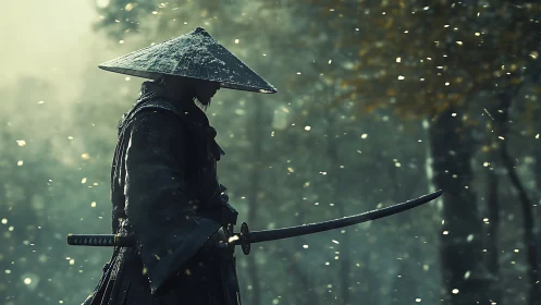 Winter sparks drift as a lone samurai sharpens the silence