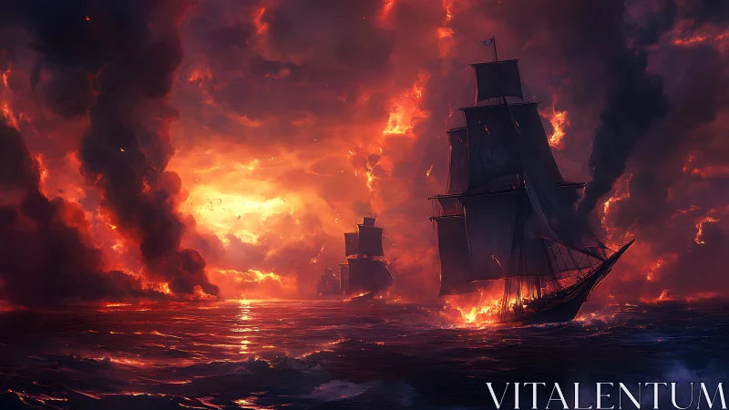 Sailing vessels amid oceanic fire and dramatic cloud formations.
