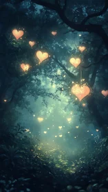 Illuminated Floating Hearts in Enchanted Forest Canopy with Volumetric Light