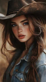 Photorealistic cowgirl portrait with shallow depth of field.