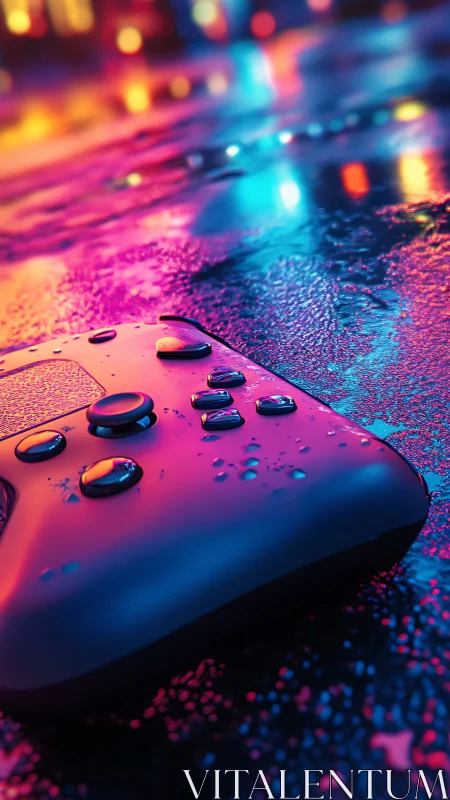 Neon-Saturated Gaming Controller on Crystalline Cybernetic Surface.