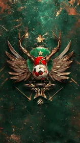 Heraldic football crest with antlered wings on oxidized metal ground