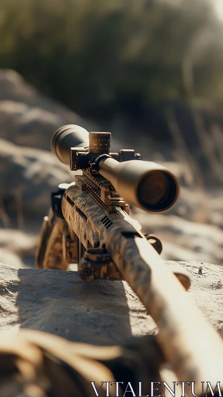 Scoped Tactical Rifle with Desert Setting and Dramatic Sunlight