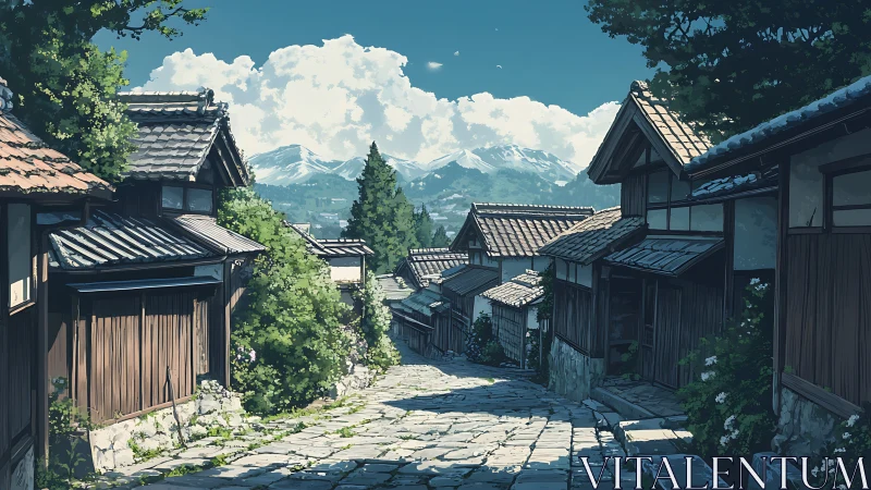 Sunny mountain village lane with quiet wooden houses.