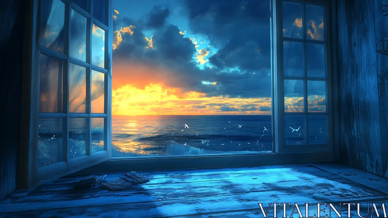 Large window reveals saturated ocean sunset with cool interior contrast
