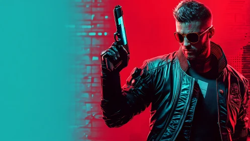 Futuristic gunman in leather jacket on neon red backdrop.