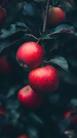 Ripe red apples glowing softly among deep green leaves.