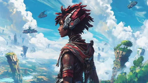 Skyward wanderer surveys floating cliffs and airships.