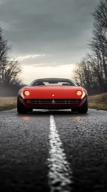 Red sports car centered on rural road in overcast light.