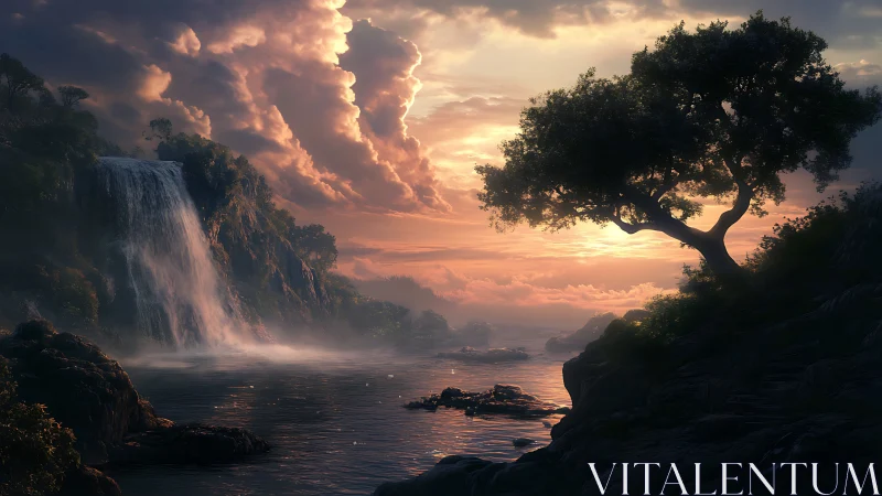 Sunset waterfall cove wrapped in soft glowing mist.