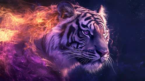 Cosmic tiger wrapped in violet fire and quiet starlight.