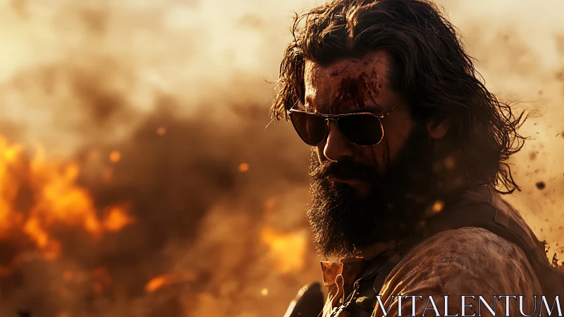 Bearded soldier in sunglasses amid dusty battlefield flames.