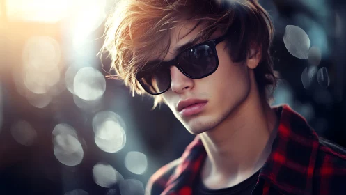 Backlit portrait of young man in sunglasses with bokeh glow