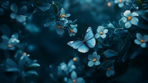 Bioluminescent blue butterfly hovers amid cyan floral bokeh