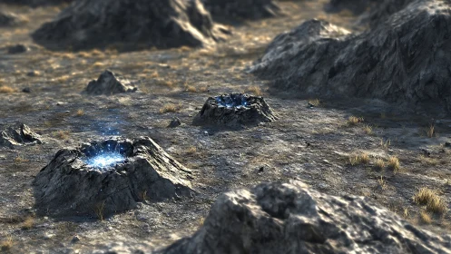 Rocky plain with glowing mineral pits in arid terrain.
