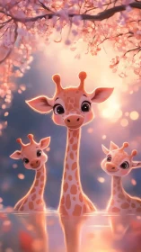 Whimsical giraffe trio under glowing cherry blossoms.