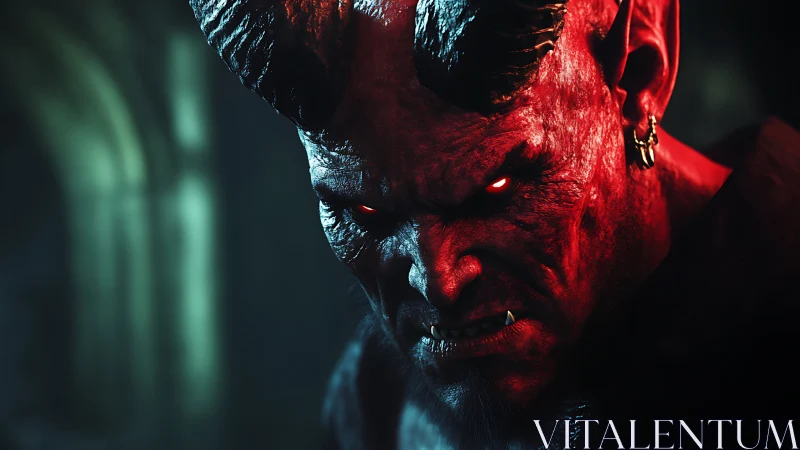 Demonic warrior glares under harsh red rim light in shadow