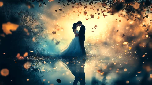 Romance Ignites: Silhouetted Lovers Dance Through Autumn's Golden Enchantment.