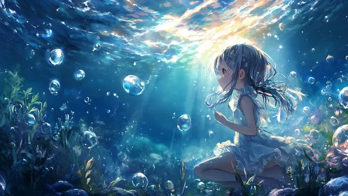 Dreamlit girl kneels beneath the sea’s shimmering sky.