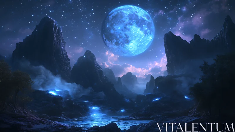 Blue alien moon over dark mountains and glowing river.