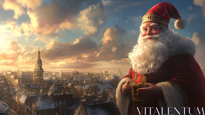 Regal Santa overlooking golden-hour snow-covered cityscape.