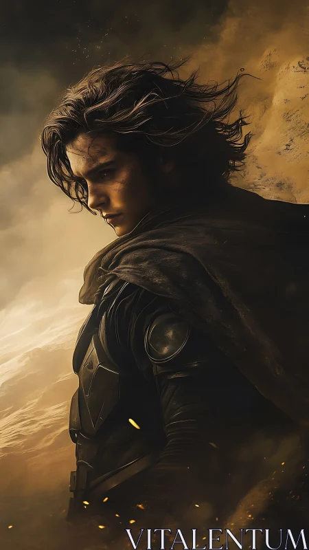 Desert warrior portrait amid swirling sandstorm dusk.