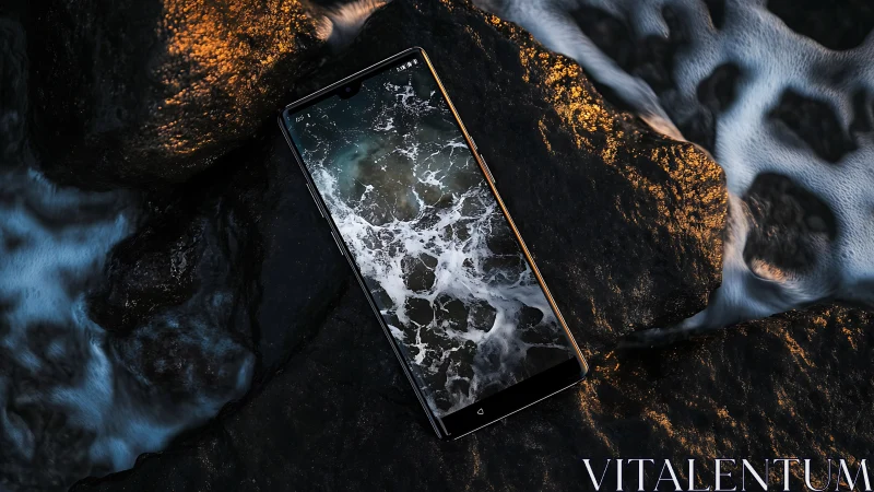 Smartphone displaying turbulent ocean waves on rocky shore.