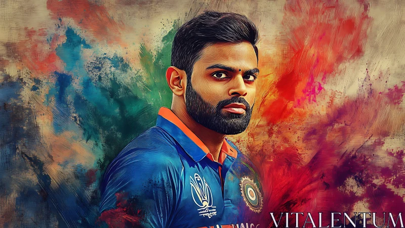 Cricket warrior ignites against a storm of swirling color.