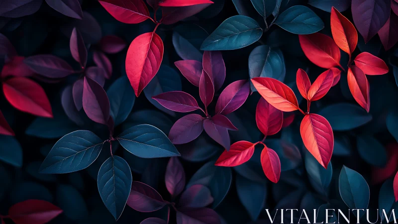 Macro foliage study in teal and crimson complementary contrast