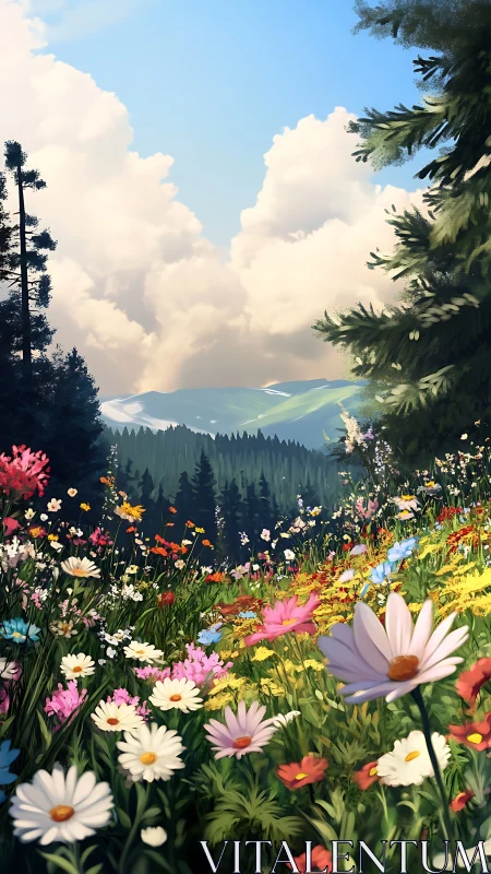 Mountain meadow with wildflowers under cumulus clouds.