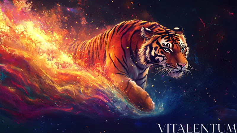 Fiery twilight tiger strides through swirling cosmic waves.