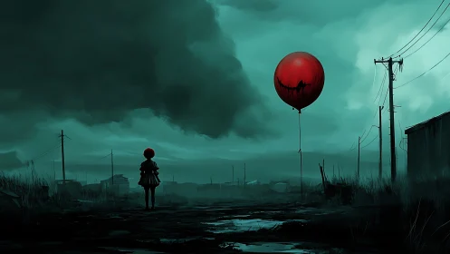 Crimson balloon haunts a lonely child beneath electric skies