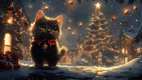 Kitten watches glowing Christmas tree in snowy village square