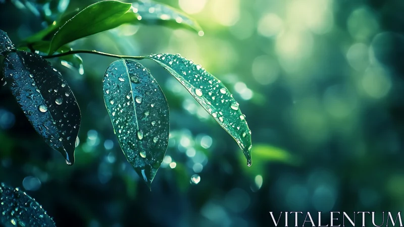 Rain-kissed green leaves catch soft morning backlight glow.